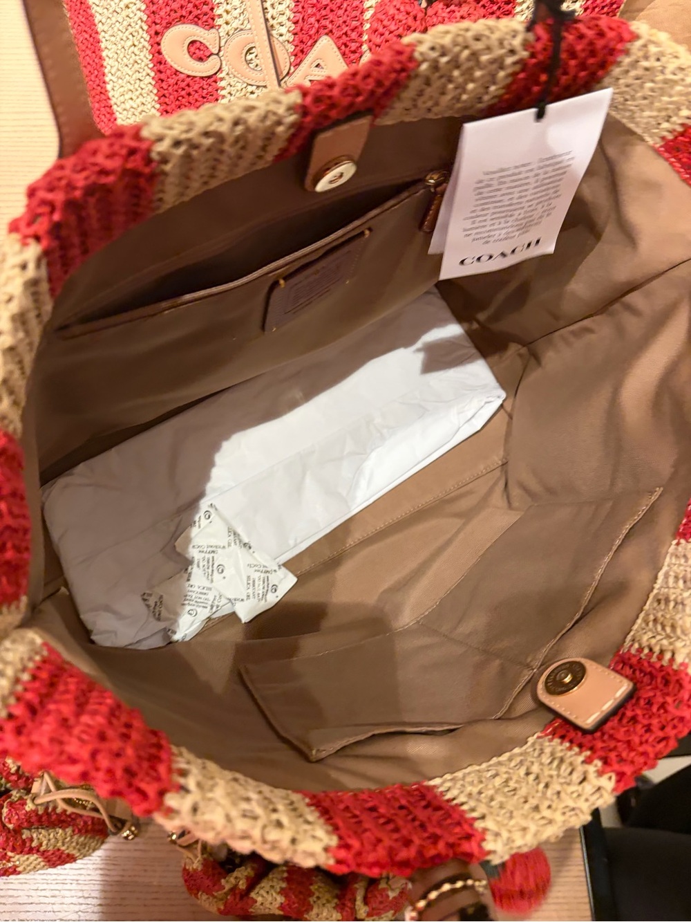 Coach Red and Cream Striped Crochet Tote with Pom-Pom Charm straw city tote new - Picture 9 of 14